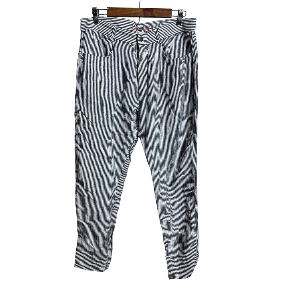 Alex Crane Cham Line Pants size 32 100% Linen Blue White Stripes